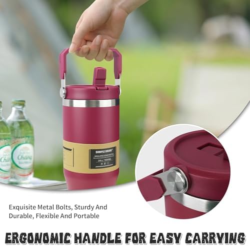 30oz Flip Straw Insulated Water Bottle with Handle, Leak Proof Stainless Steel Travel Tumbler With Lid, Double Wall Vacuum Iced Coffee Travel Mug, Sport Cup, Outside use