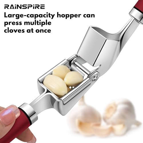 Rainspire Premium Garlic Press Stainless Steel, Garlic Mincer Tool, Garlic Crusher Tool, Garlic Smasher Garlic Masher Includes Silicone Garlic Peeler & Cleaning Brush, Dishwasher Safe (Red)