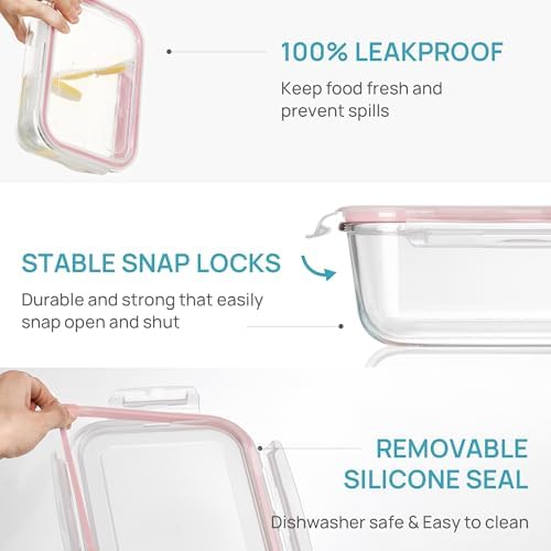 Vtopmart 2Pack 1860ml/63oz Large Glass Storage Containers With Lids, Pink