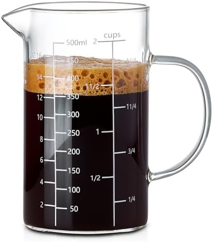 500ML 2 CUP Glass Liquid Measuring Cup With Handle, High Borosilicate Glass Three Scales (OZ, Cup, ML/CC) for Kitchen or Restaurant, V-Shaped Spout Glass Measuring Beaker, Easy To Read