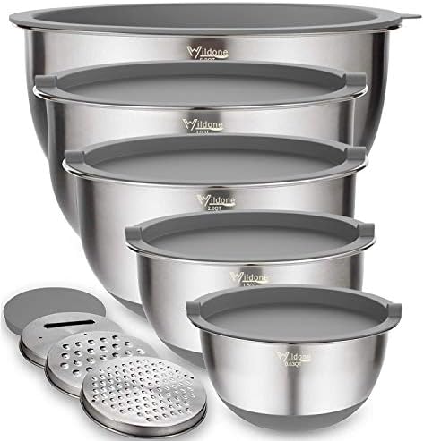 Wildone Mixing Bowls with Airtight Lids Set, 5PCS Stainless Steel Nesting Bowls Set for Kitchen, with Grater Attachments & Non-Slip Bottoms, Size 5, 3, 2, 1.5, 0.63 QT, Great for Baking & Serving