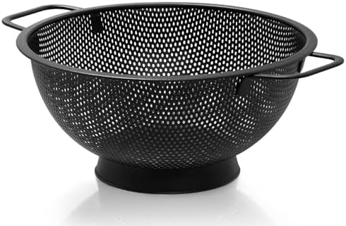 Black Colander for Kitchen, 5QT, Stainless Steel Pasta Strainer with Handle, Pasta Strainer for Fruits Vegetables Cooking Food, Dishwasher Safe