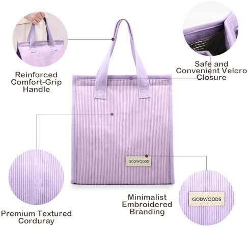 TELLUMO Corduroy Insulated Lunch Bag, 7.75L Large Capacity Reusable Lunch Box, Cute Lunch Tote for Women Men, Leakproof Lunch Cooler for Work Picnic Travel (Corduroy Purple)