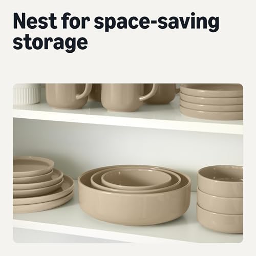 Amazon Basics Ceramic Serving Bowls Set Of 3, Glazed Stoneware (6", 8" & 10"), Nestable Space-Saving, Stain-Resistant, Microwave & Dishwasher-Safe, Linen Gray