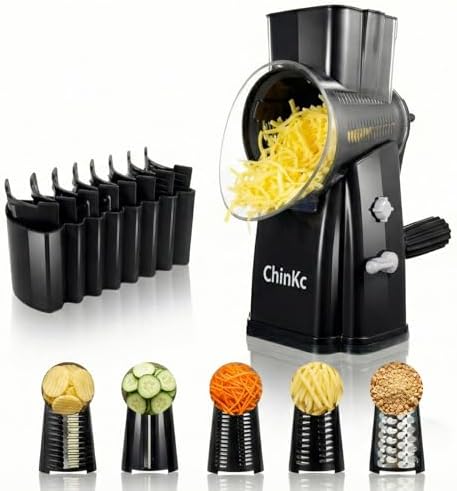 Upgrade Rotary Cheese Grater Shredder with Handle, Strong Suction Base, Multi-purpose Rotary Grater Slicer with 5 Interchangeable Blades for Ice, Vegetables, Fruit, Nuts with Blade Storage Box