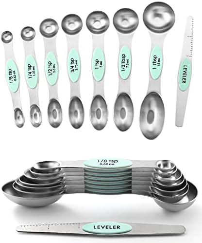 Spring Chef Stainless Steel 8 Magnetic Measuring Spoons Set, 2 Pack, Mint