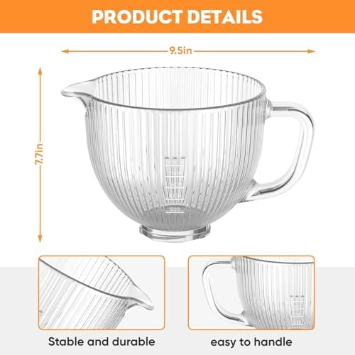 COFUN Glass Mixer Bowl for Kitchenaid Tilt-Head Stand Mixers 4.5-5 Quart