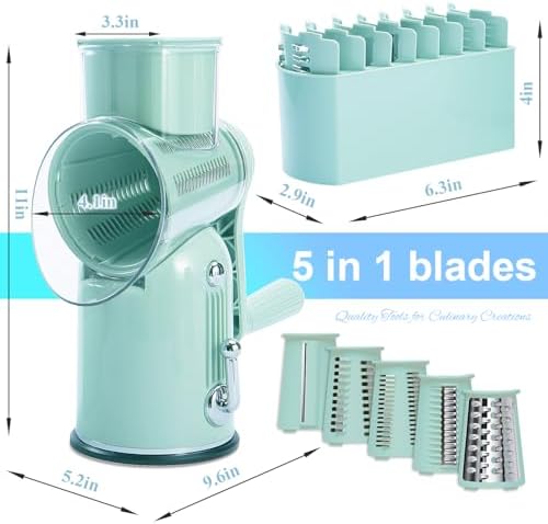 ENERGEVITY Hand Crank Rotary Cheese Grater, 5-in-1 Vegetable Slicer (Green)