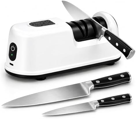 2-Stage Electric Knife Sharpener for Chef Knives, Fast, Safe & Easy Sharpening & Polishing, Ideal for Home Use & Beginners, Quickly Restore Dull Blades, White