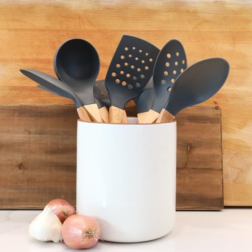 Beille 3pc Grey Nylon Cooking Spoons Kitchen Utensils Set with Wooden Handle High Heat Resistance
