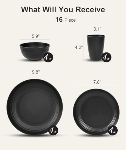 Quatish 16 Piece Plates and Bowl Set for 4, Dinnerware Dish Set for Kitchen