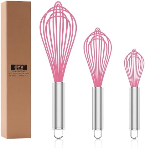 OYV Pink Silicone Whisk Set of 3, 8/10/12 Inch, Non-Scratch