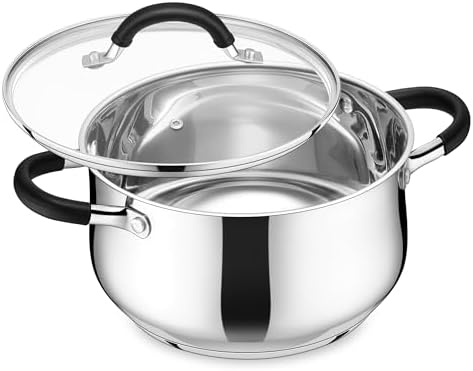 E-far 6 QT Stainless Steel Pot, Stock Cooking Pot with Visible Lid for Simmering Soup Pasta, Tri-Ply Thick Base for Induction Gas, Dual Silicone Handles for Heat Proof, Non-Toxic & Dishwasher Safe