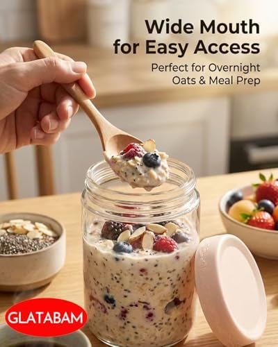 18 OZ 4Pack, Overnight Oats Jars with Lids, Glass Meal Prep Containers, Airtight Mason Jars for Breakfast, Yogurt Parfait, Salad & Smoothies, Leakproof and Reusable Food Storage Jars(4-2)
