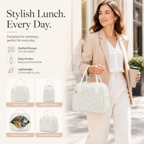CAMTOP Lunch Box for Women Men Insulated Lunch Bag Lunch Tote Bag Leakproof Thermal Cooler Large Capacity for Travel Work School Picnic (Beige Black Polka Dot, Medium)