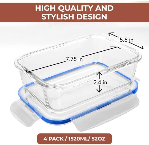 Razab 6.5 Cups / 52 Oz 4 Piece (2 Containers + 2 Lids) Glass Food Storage Containers Set with Airtight Locking Lids - For Storing, Baking & Serving BPA Free, Leakproof - Microwave, Freezer & Oven Safe