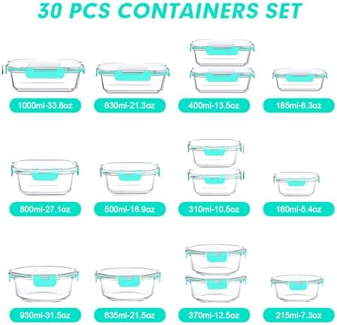VERONES 30 Pieces Glass Food Storage Containers Set with Lids, Green
