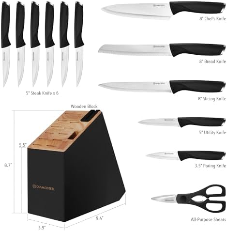 Black Knife Set, 13-Piece Knife Block Set with Built-in Sharpener