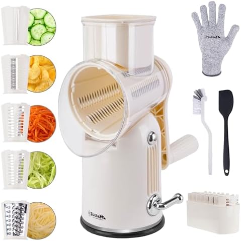 Rotary Cheese Grater with Handle, 5-Blade Cheese Shredder, BPA-Free (White)