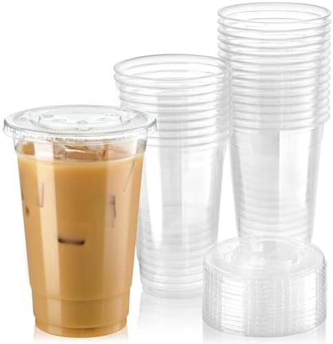 Fit Meal Prep 600 Pack 20 oz Clear Plastic Cups with Flat Lids, Disposable Iced Coffee Cups, BPA Free Premium Crystal Smoothie Cup for Party, Lemonade Stand, Cold Drinks, Juice, Milkshake