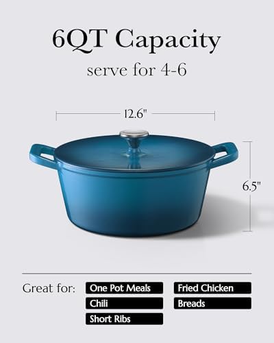 Dutch Oven Pot, 6QT Enameled Cast Iron Dutch Oven with Lid, Dual Handle, Dutch Pot for Sourdough Bread Baking, Braising & Roasting, 500℉ Oven Safe, All Cooktops Compatible, Marine
