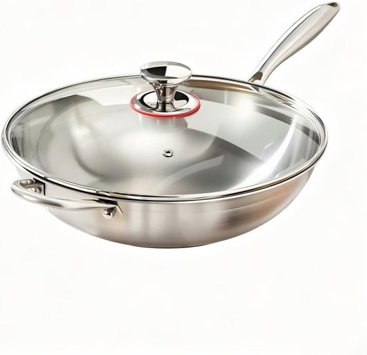 Stainless Steel 316 Wok Pan with Lid, Tri-Ply Stir Fry Pan with Detachable Handle, Works on All Stovetops, Oven & Dishwasher Safe (14 inch)
