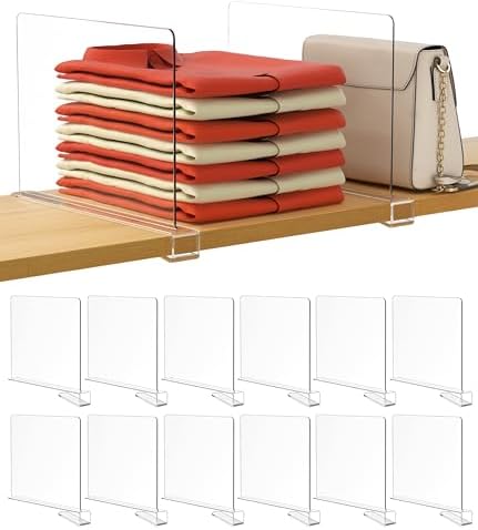 HBlife 12 Pcs Clear Acrylic Shelf Dividers, Vertical Purse Organizer for Closet Perfect for Sweater, Shirts, Handbags in Bedroom and Kitchen, Closet Separators for Organization Cabinet
