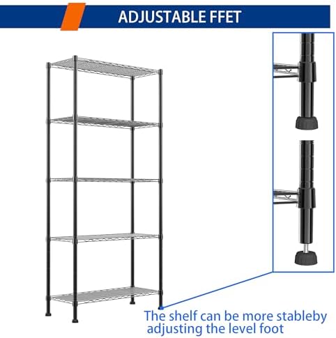 REGILLER 5-Wire Shelving Metal Storage Rack Adjustable Shelves,Standing Storage Shelf Units for Laundry Bathroom Kitchen Pantry Closet(Black,14.1" D x 30" W x 79" H)
