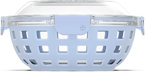 Ello DuraGlass Food Storage Glass Lunch Bowl Container - Meal Prep Container with Silicone Sleeve and Airtight Lid, 5 Cup, Blue