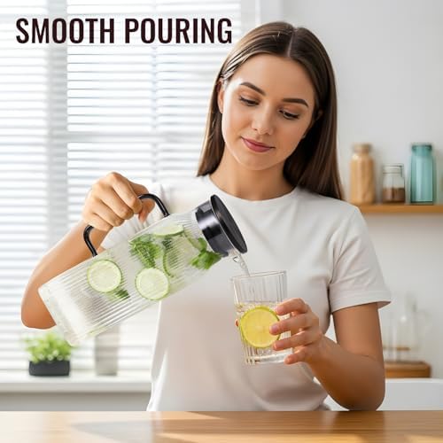 2 Liter/68 oz Square Glass Pitcher with Lid, Classic Stripes Water Pitchers with Handle for Fridge, Large Jug for Iced Tea, Coffee, Borosilicate Glass Carafe for Hot/Cold Brew Drink, Black