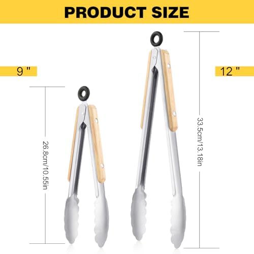2 Pcs Tongs For Cooking - 9 Inch and 12 Inch, Stainless Steel Kitchen Tongs, Heat Resistant 1100°F, Pull Ring Lock, Solid Wood Handles, For Grilling, Barbecuing, Cooking
