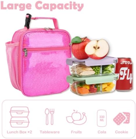 FlowFly Kids Lunch box Insulated Soft Bag Mini Cooler Back to School Thermal Meal Tote Kit for Girls, Boys, PU Pink