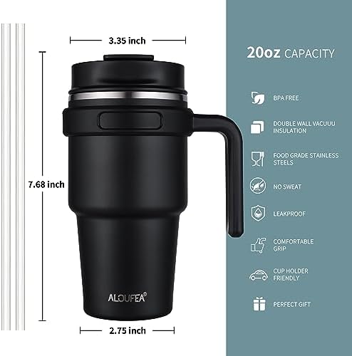 20 oz Insulated Travel Coffee Mug Tumbler with Handle and Straw