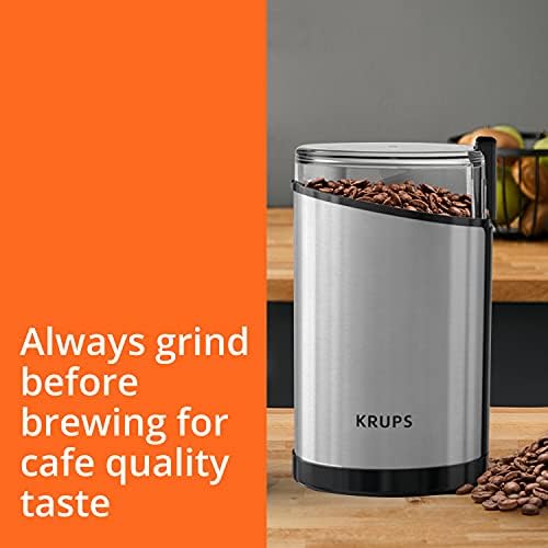Krups Coffee Grinder, Fast-Touch, 3oz, 85g bean hopper - Easy to Use, One Touch Operation - 200 Watts - Espresso Grinder, Spice Grinder, 2 to 12 cup Coffee Bean Grinder, Silver