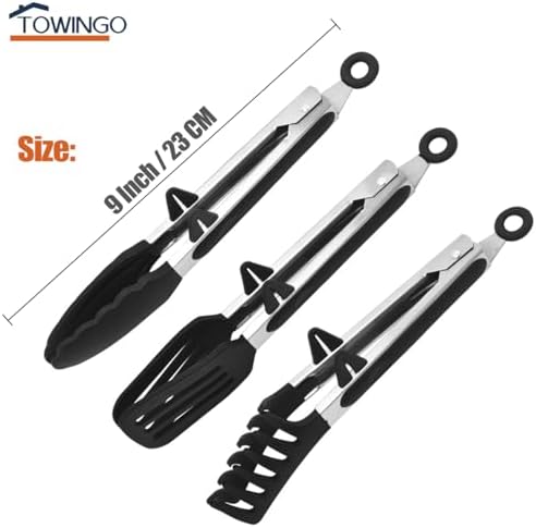 9" Kitchen Tongs for cooking with Silicone Tips, 3Pcs Serving Tongs, Black