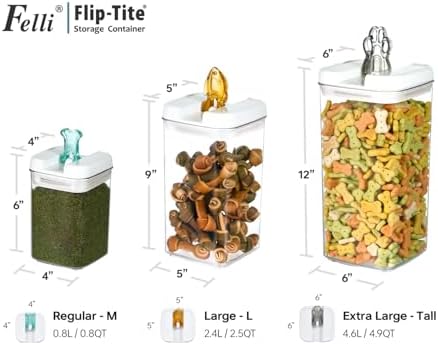 Felli Flip Tite Pet Food Container with Airtight Lids, BPA FREE Acrylic Canister with Paw Bone Fish Flip Top Handles for Cat Dog Kibble Treats Storage, Keep Fresh (Pet Collection Nest-L3pk)