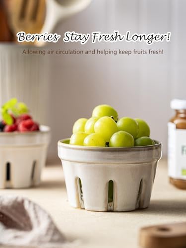 Gomakren Ceramic Berry Bowl Set of 2, Small Fruit Basket Colanders, White