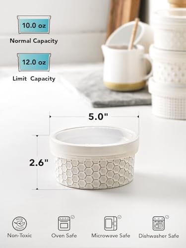 LE TAUCI Ramekins Oven Safe with Lids, 12 oz Ramikin Set for Creme Brulee, Souffle, Dipping Sauce, Onion Soup, Ceramic Food Storage Container - 5 inch, Set of 4, Arctic White