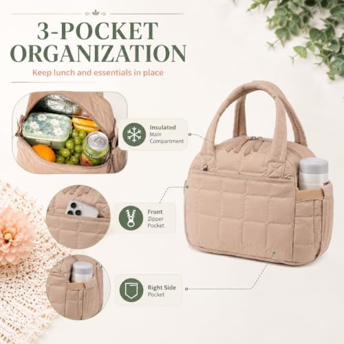 BTOOP Lunch Box for Women, Quilted Insulated Lunch Bag with Shoulder Strap