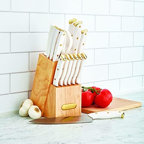 FARBERWARE 15-Piece Knife Block Set, Triple-Riveted High-Carbon Stainless Steel Kitchen Knives, Razor Sharp Blades, Wood Storage Block, White/gold, 15-Piece (Pack of 2)