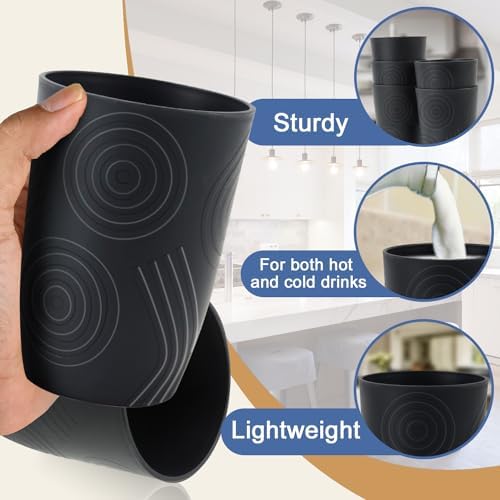 Wheat Straw Cups 6 Pcs, 16 OZ Plastic Drinking Cups (Black)