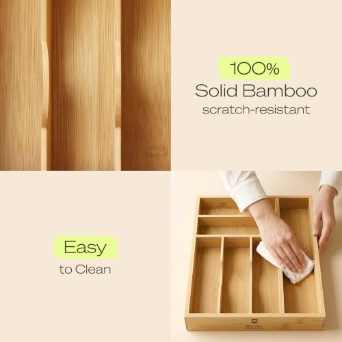Drawer Organizer with Knife Block for Kitchen Organization, Bamboo Silverware Drawer Organizer, Compact Bamboo Cutlery Tray for Flatware and Utensils, Removable 7-Slot Knife Block for Kitchen Drawers