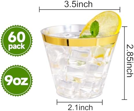 I00000 60 Pack Gold Plastic Cups, 9 OZ Elegant Gold Rimmed Plastic Cups