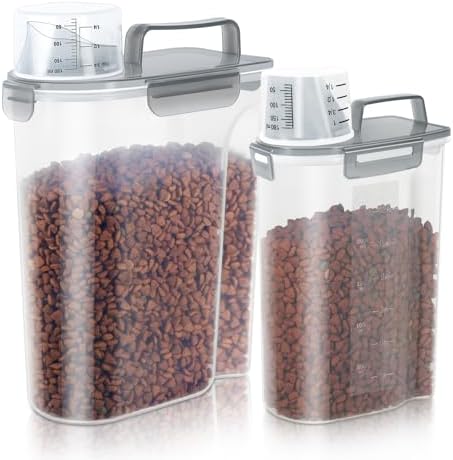 LEAWALK 3+5LBS 2Pack Cat Dog Food Storage Container Upgraded Large Nozzle BPA-free, Plastic Pet Food Containers, With 4 Sealed Clasps/1 Measuring Cup/Handle Easy Clean and Carry (Clear Grey)