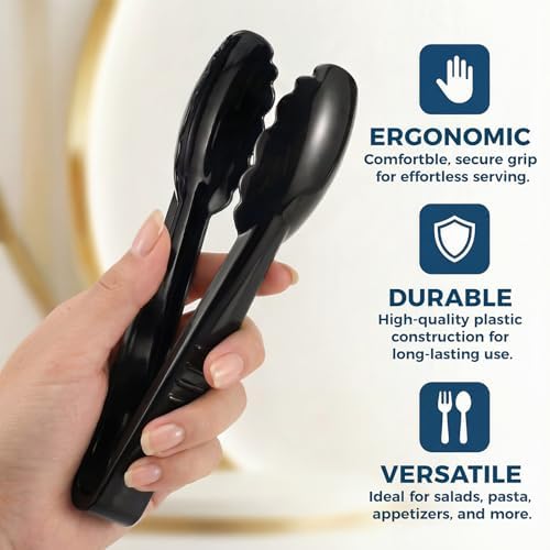 24 Pack Plastic Serving Tongs, 9 Inch Black Heavy Duty Buffet Tongs
