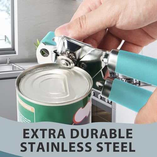 Safring Can Opener Manual, Heavy Duty Handheld Strong Can Opener with Soft Touch Handle, Sharp Blade Smooth Edge, Can Openers with Multifunctional Bottle Opener, Aqua Sky