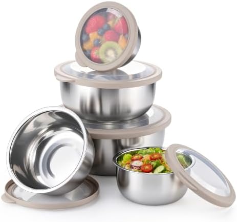 E-far Mixing Bowls with Lids Set of 5, Stainless Steel Nesting Salad Bowls