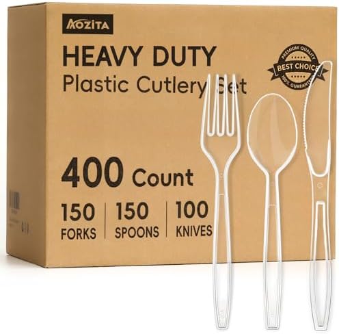 Aozita 400 Count Heavy Duty Plastic Silverware, BPA-Free, Clear Plastic Cutlery Set, Premium Disposable Utensils for Party Everyday Use, 150 Forks, 150 Spoons and 100 Knives