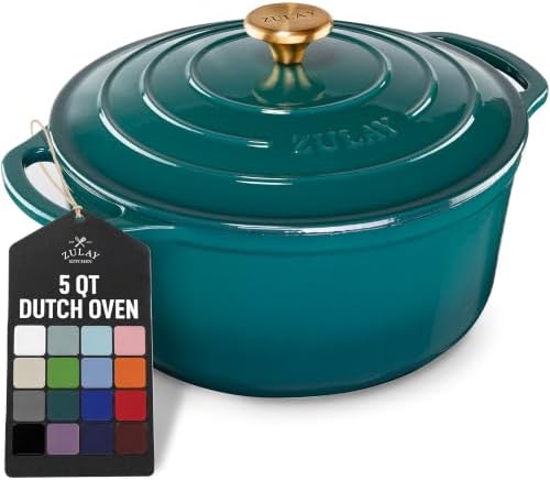 Zulay Kitchen 5 Quart Enameled Cast Iron Dutch Oven Pot with Lid – Premium Durability & Oven Safe up to 500°F – Heavy Duty Cookware Perfect for Bread Baking, Stews, Braising & Roasting – Emerald
