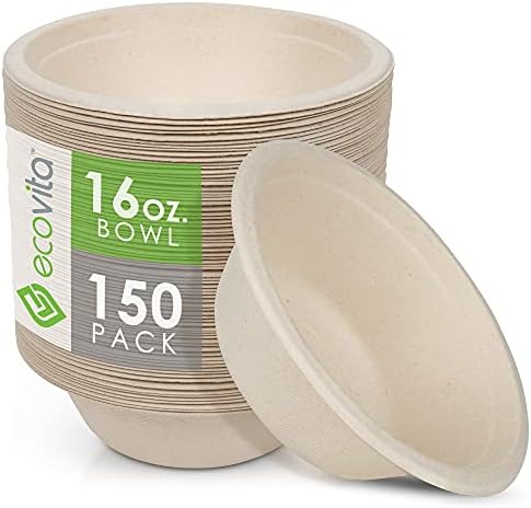 Ecovita 100% Compostable Paper Bowls [16 oz.] – 150 Disposable Bowls Eco Friendly Sturdy Tree Free Liquid and Heat Resistant Alternative to Plastic or Paper Bowls